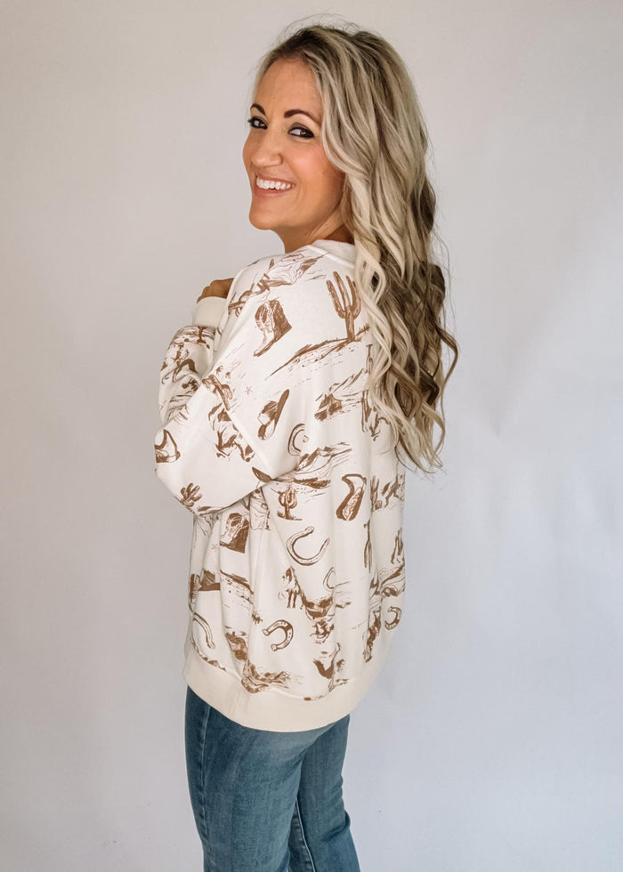 Western Print Crew Neck Long Sleeve Top