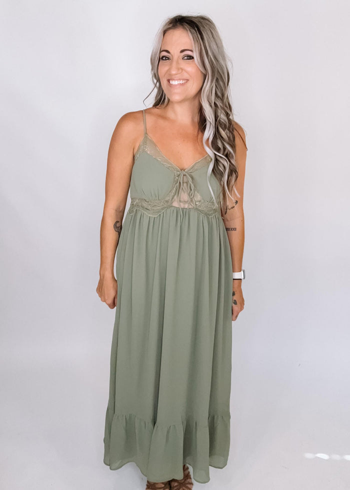 Olive Lace Trim Chiffon Maxi