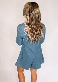 Denim Long Sleeve Pleated Romper