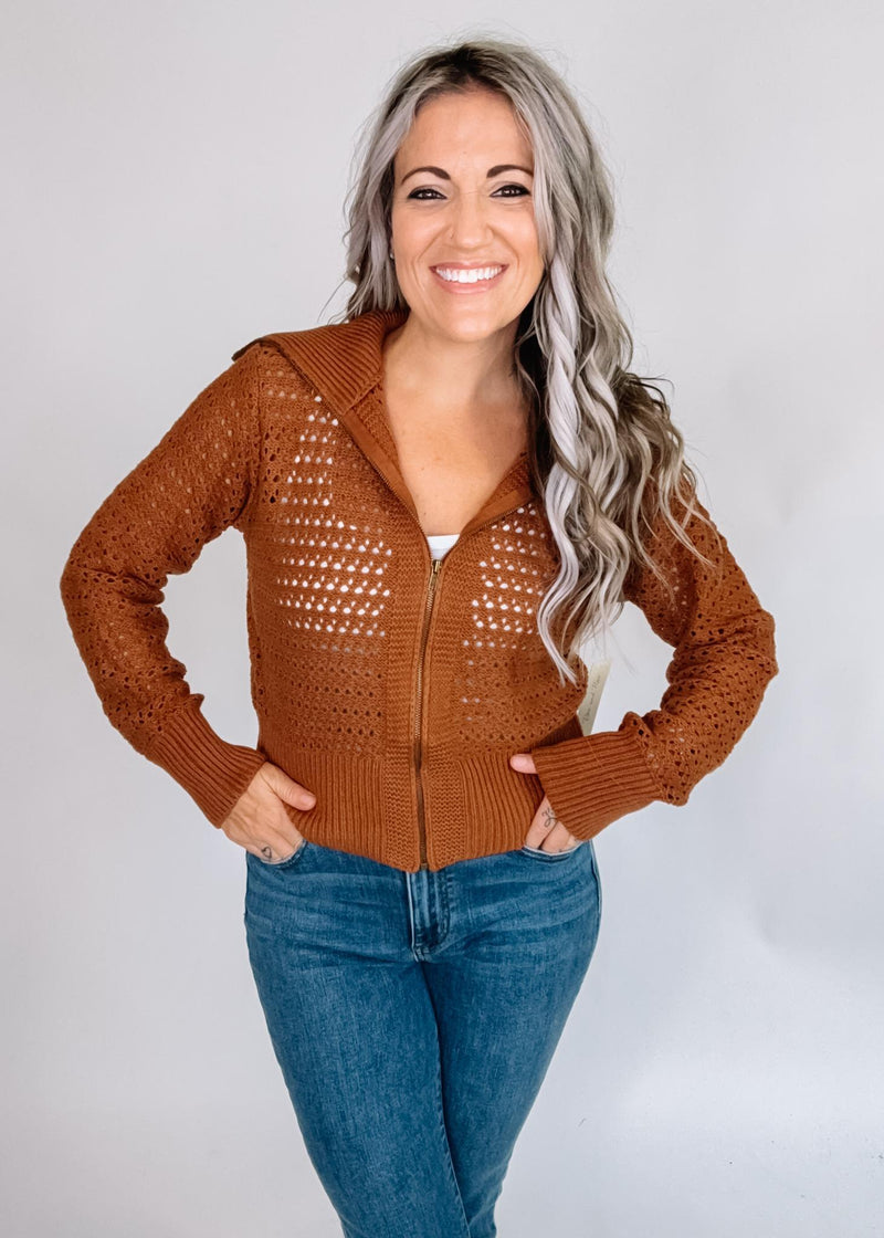Zip Up Pointelle Open Knit Sweater