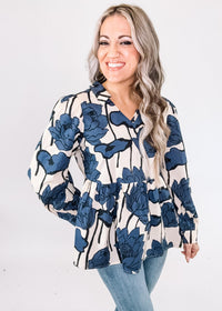 Blue Ivory Poppy Print Baby Doll Top