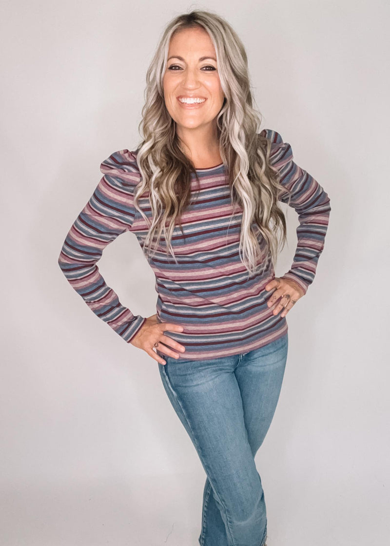 Puffed Long Sleeve Mocha Purple Striped Top