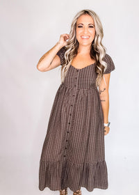 Plaid Puff Sleeve Button Down Maxi Dress