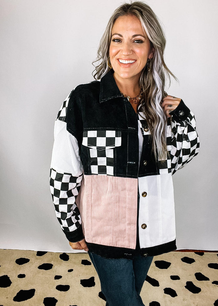 White Black Pink Checker Block Shacket