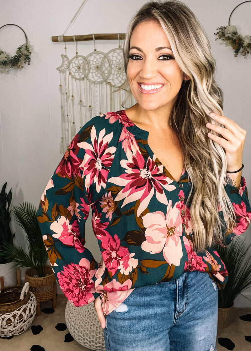 Hunter Green Floral Button Down Top