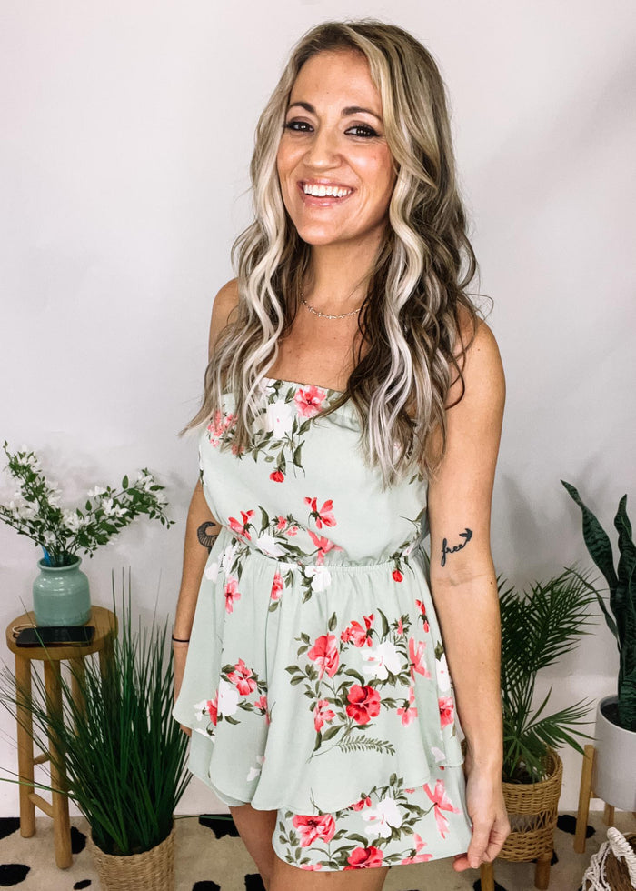 Sage Floral Romper with Double Layered Ruffle Bottom