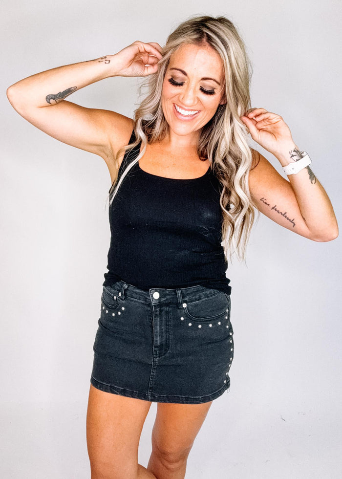 Black Denim Mini Skirt with Stud Detail