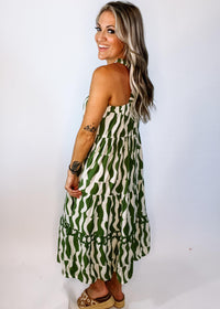 Olive Printed Midi Halter Dress