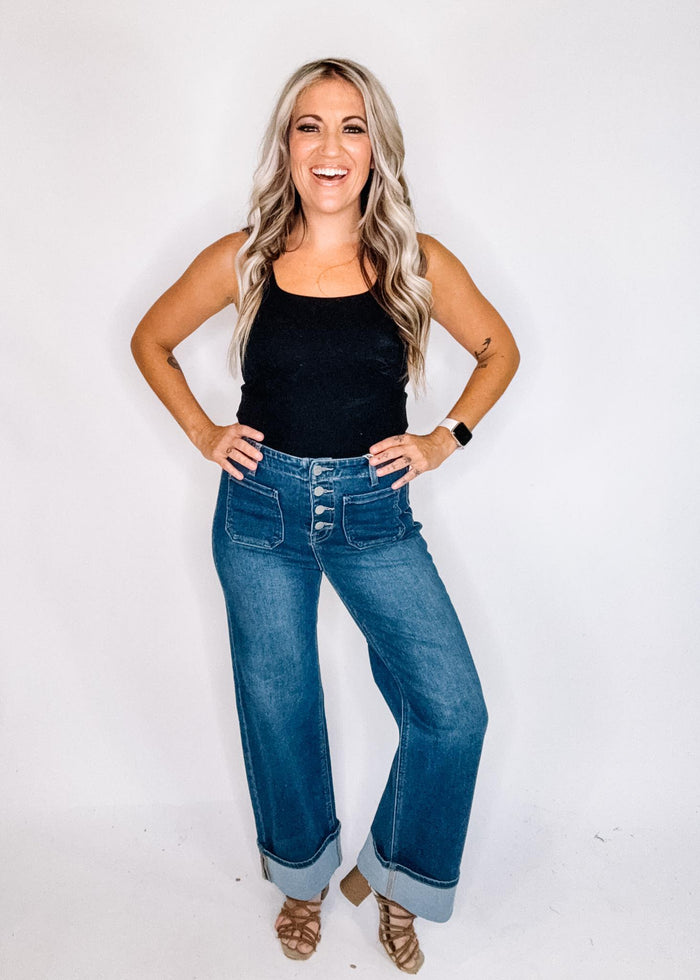 Risen High Rise Button Down Front Patch Pocket Cuffed Jeans