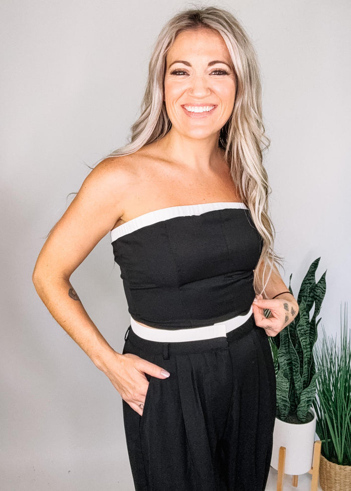 Contrasting Strapless Top and Trouser Set