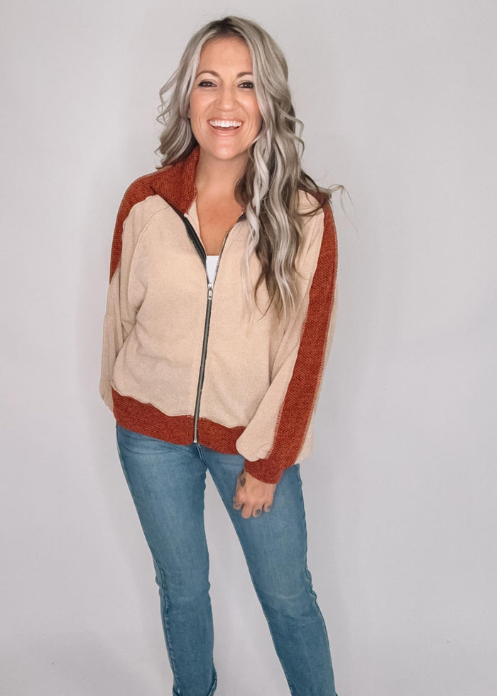 High Neck Zip Up Two Tone Jacquard Jacket