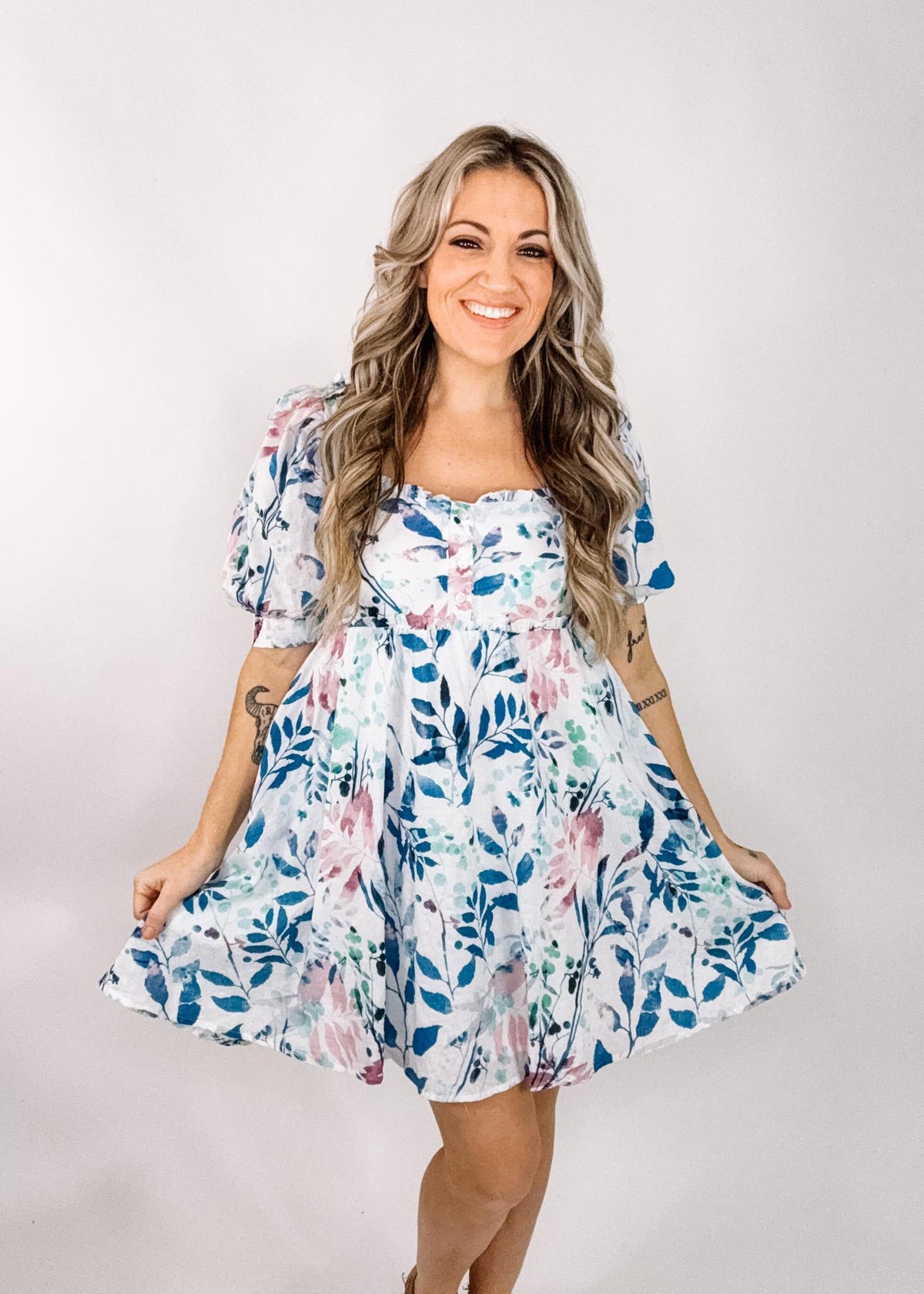 Puff Sleeve Floral Mini Dress with Pockets