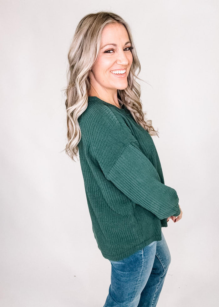 Hunter Green Ribbed Henley Top