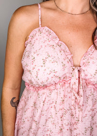 Pink Chiffon Ruffle Trim Mini Dress