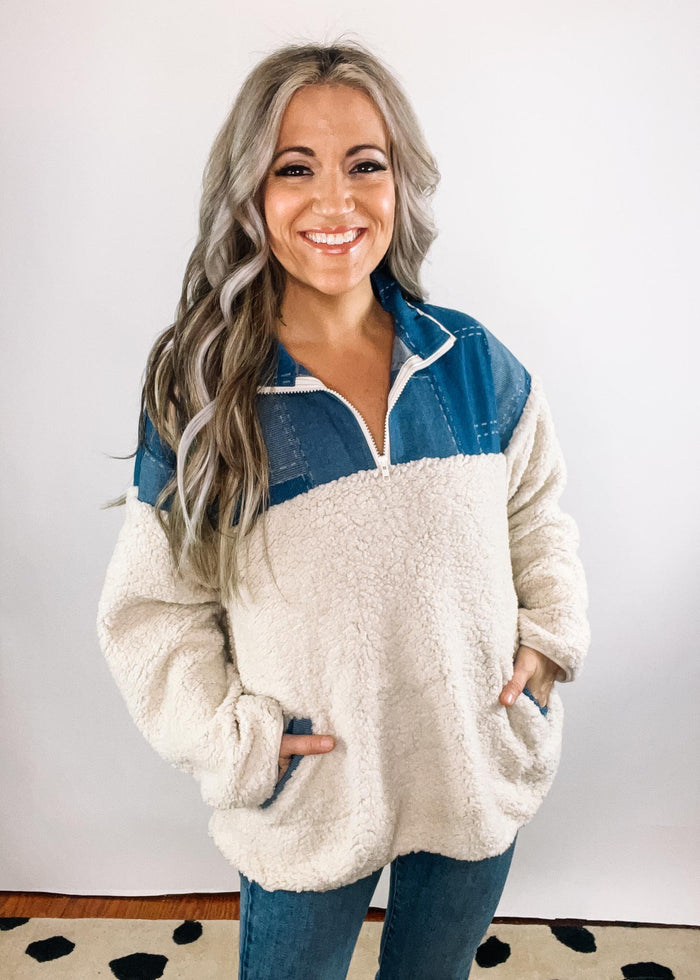 Denim and Ivory Sherpa Pullover