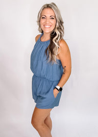 Dusty Blue Braided Neck Romper