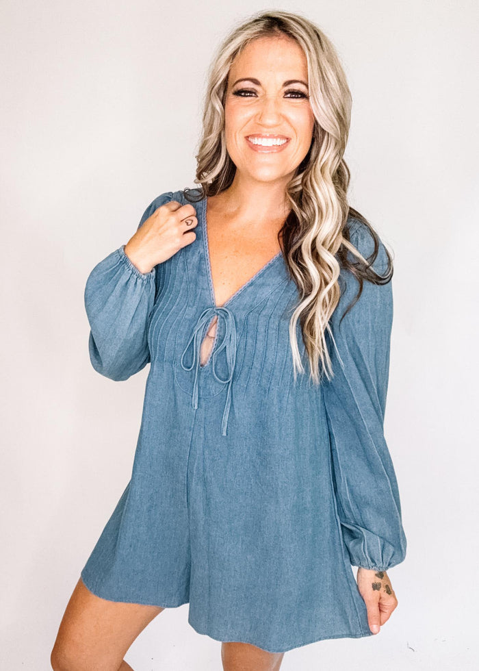 Denim Long Sleeve Pleated Romper
