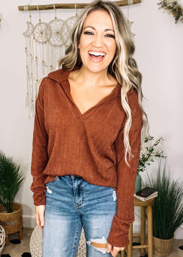 Copper Long Sleeve Collar Top