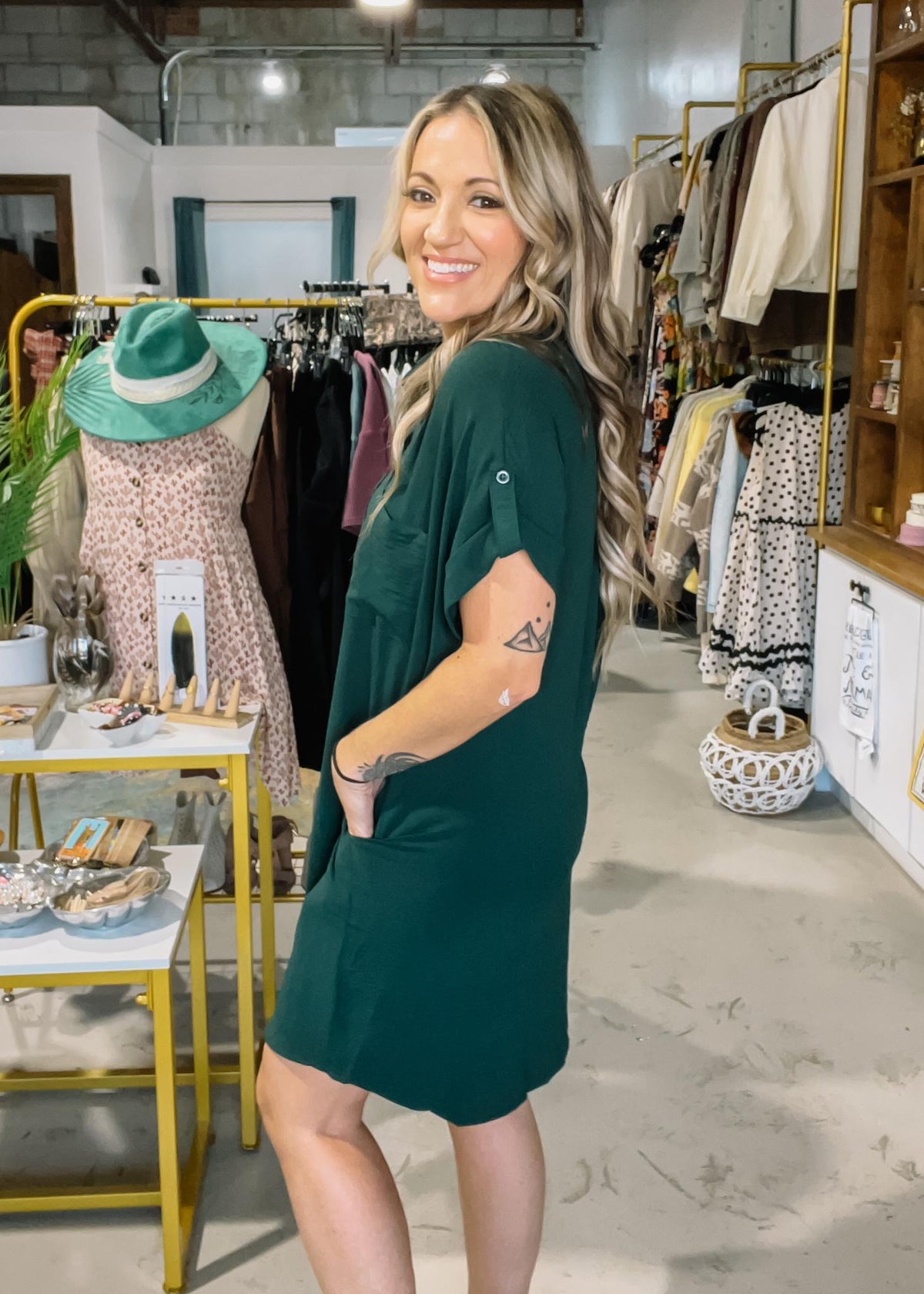Green Drop Shoulder Button Down Shirt Dress