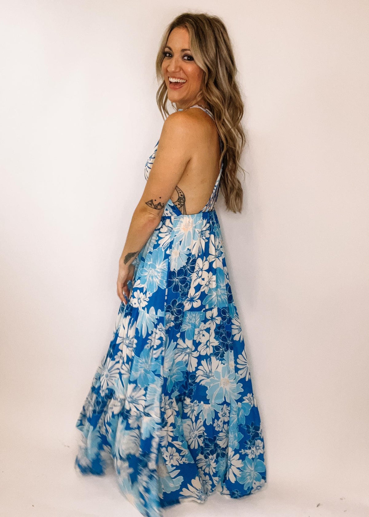 Blue Floral Chiffon Maxi Dress with Cross Strap Detail