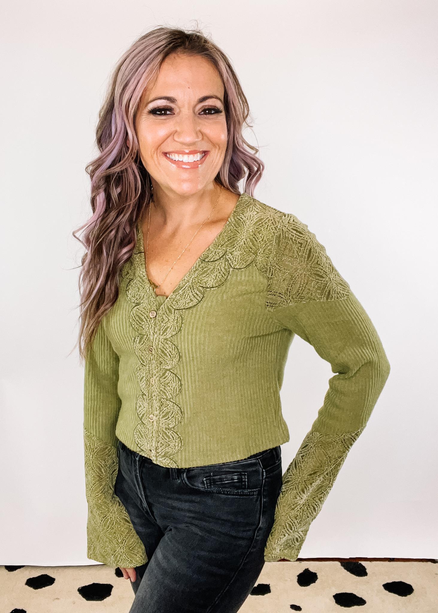 Olive Green V Neck Contrast Lace Detail Top – The Teal Eagle Boutique