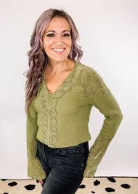 Olive Green V Neck Contrast Lace Detail Top