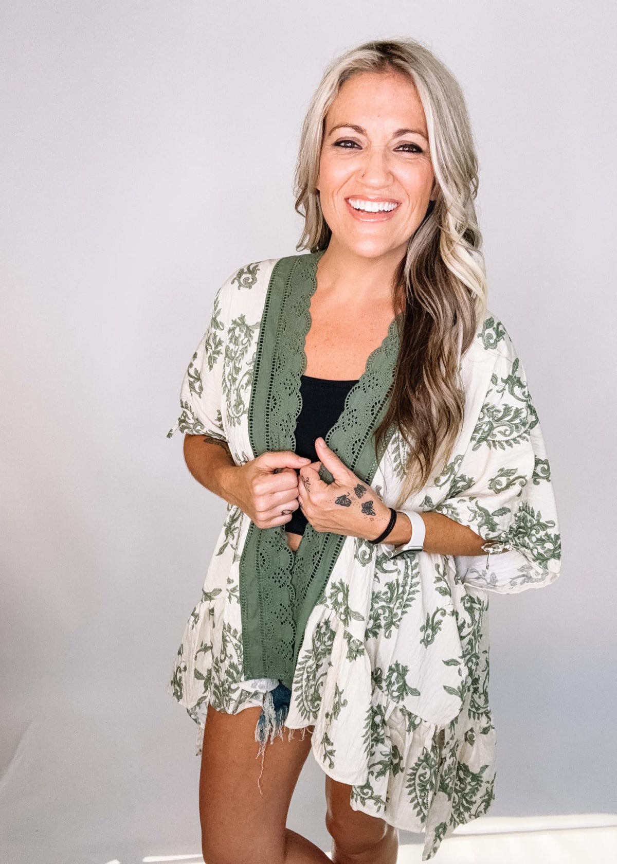 Green Lace Trim Printed Kimono