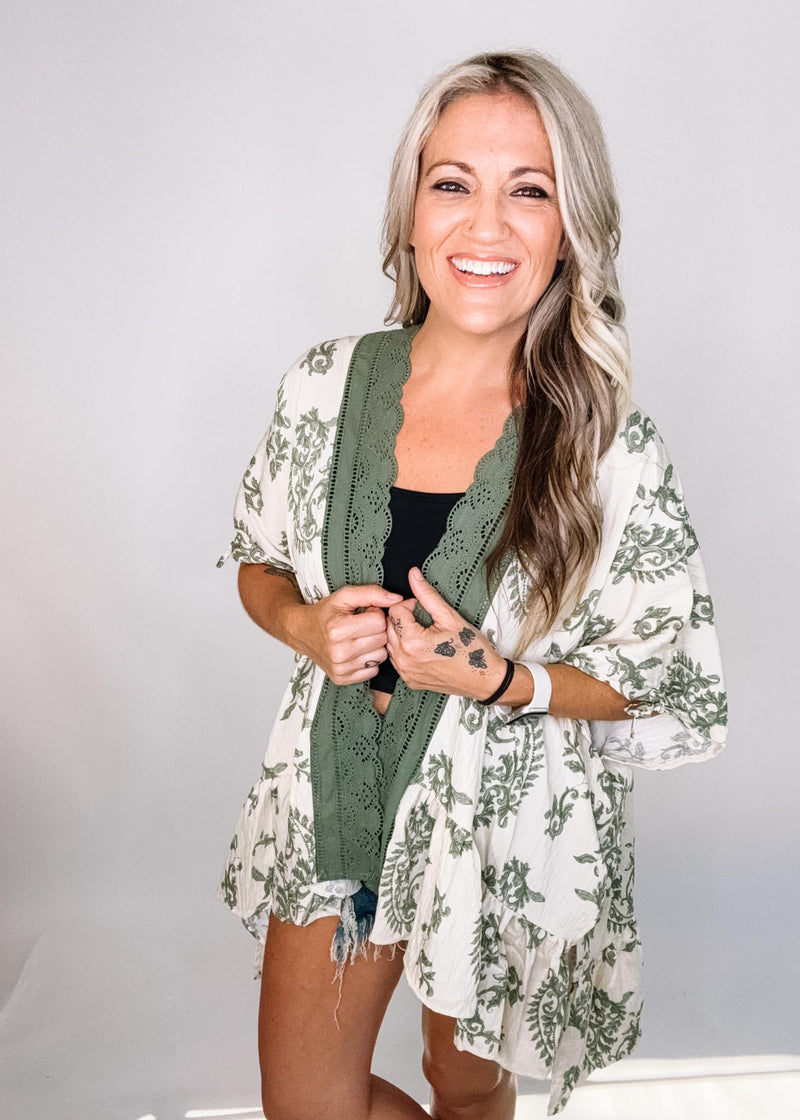 Green Lace Trim Printed Kimono