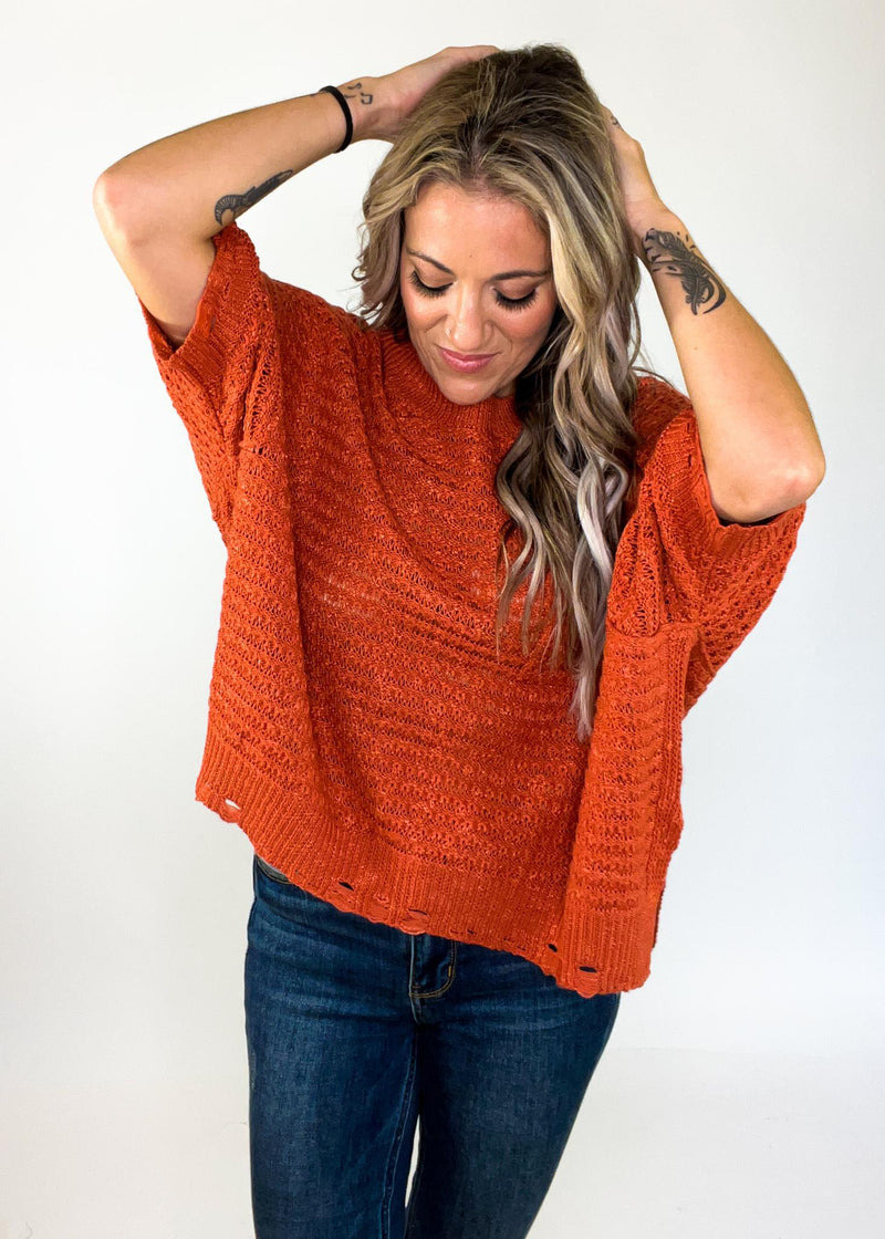 Distressed Hem Loose Knit Short Sleeve Sweater