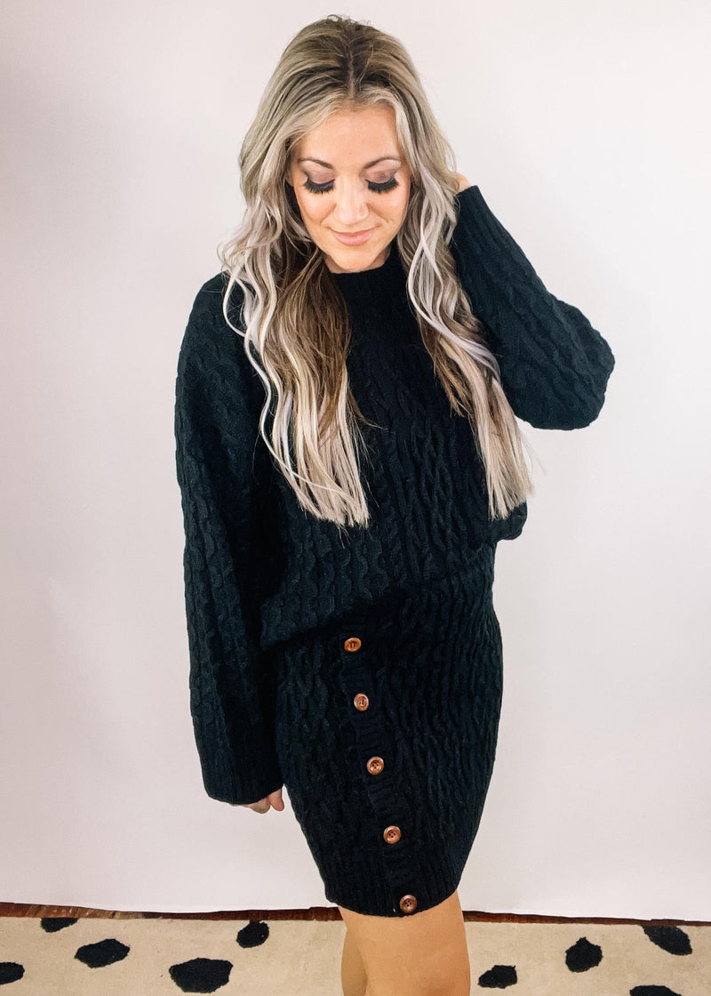 Cable Knit Sweater and Side Button Mini Skirt Set