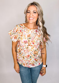 Peach Floral Top with Ruffle Sleeves