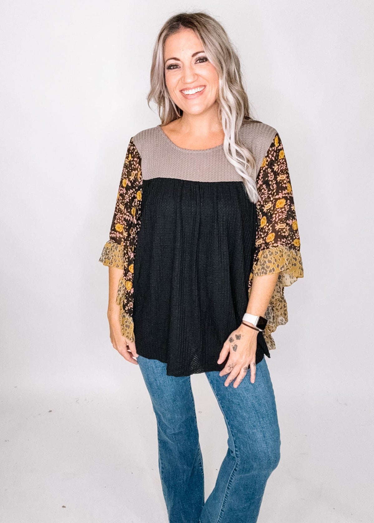 Color Block Top with Chiffon Sleeves