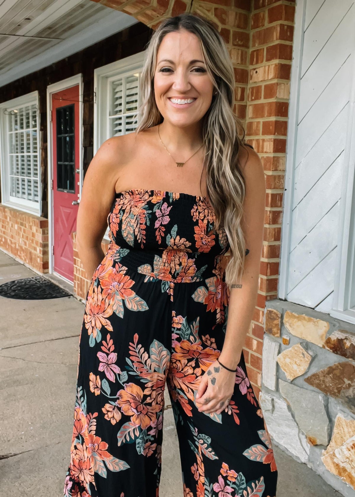 Black Smocked Bodice Floral Jumpsuit