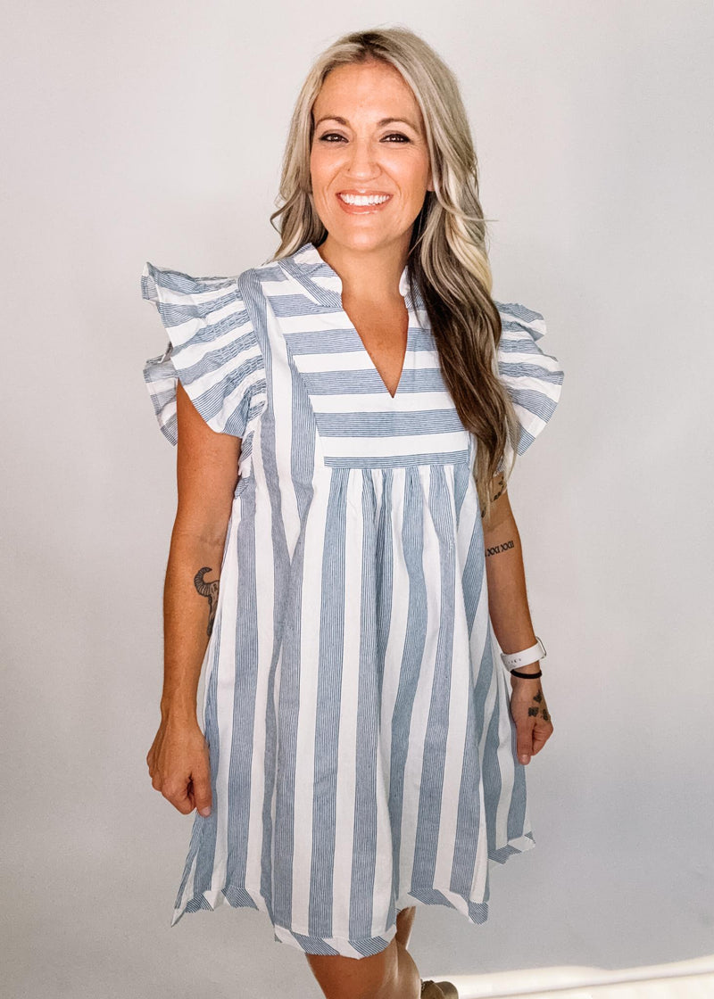 Blue and White Summer Stripe Ruffle Sleeve Dress