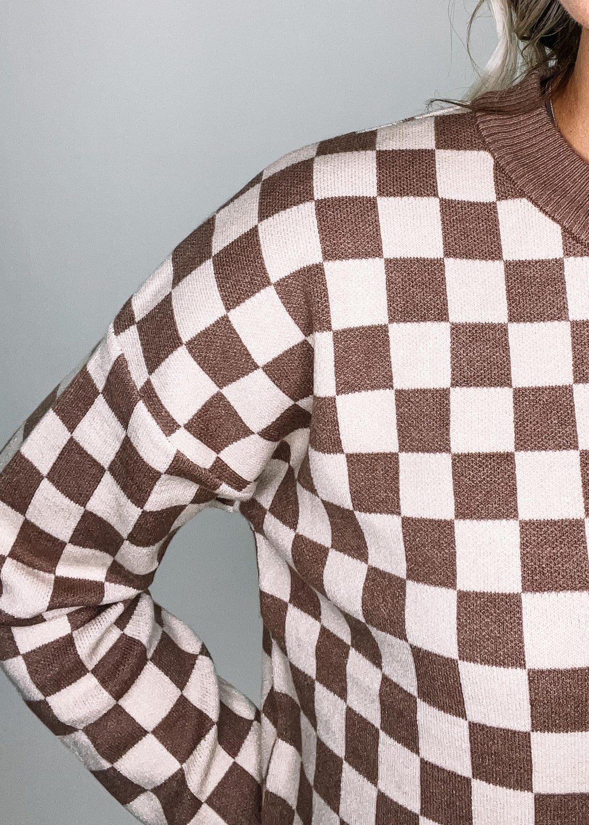 Mocha Checker Board Crew Neck