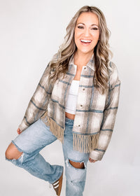Almond and Ivory Plaid Fringe Jacket