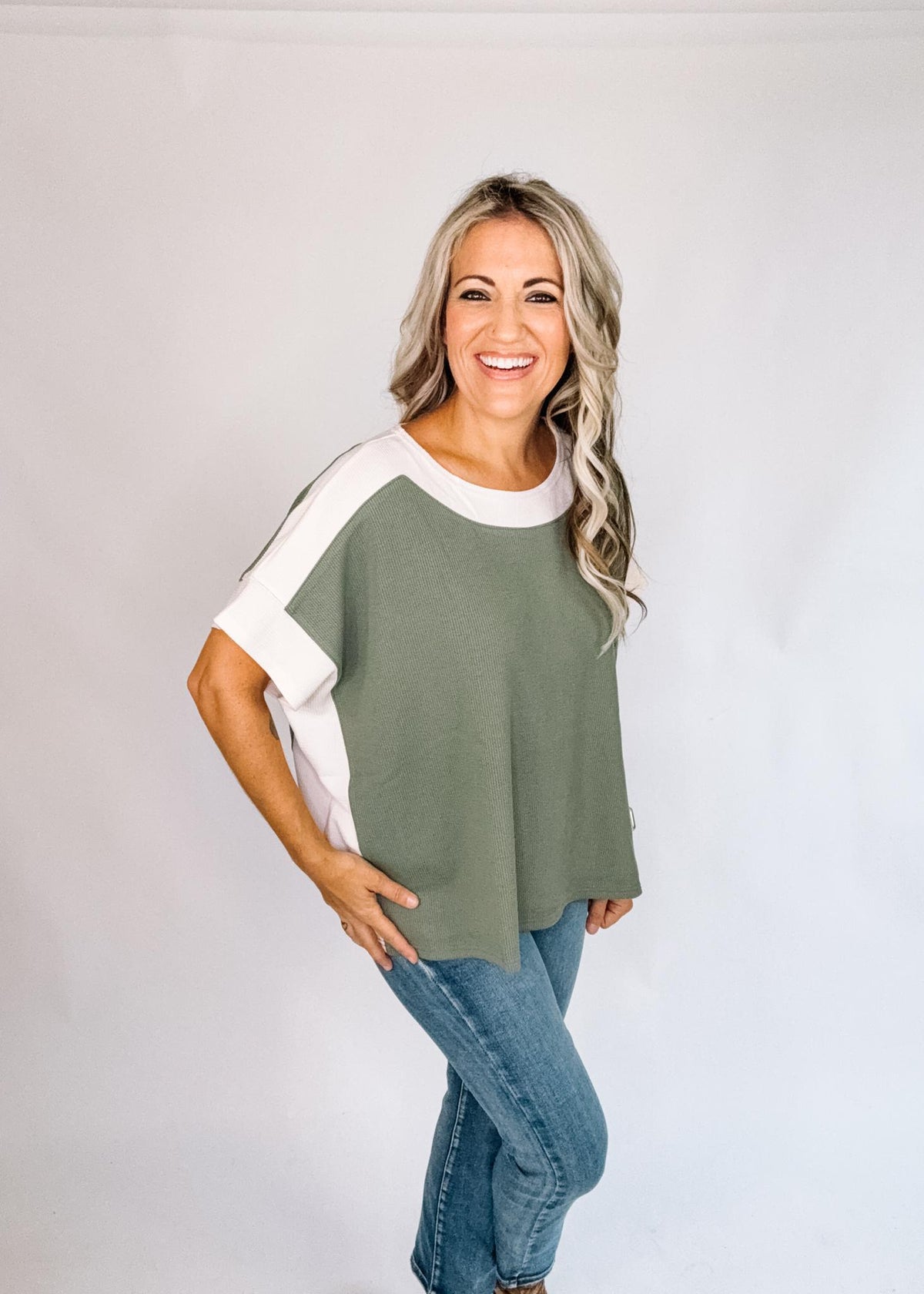 Green and ivory Trim Poncho Top