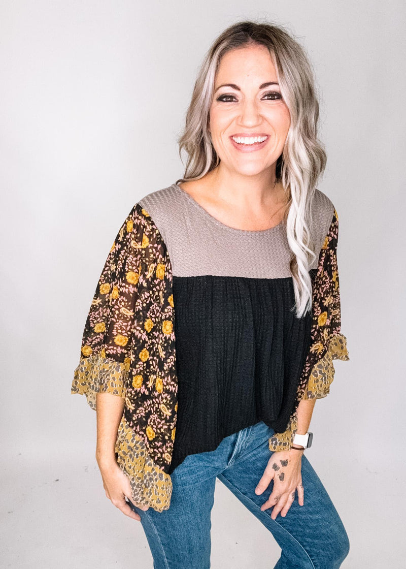 Color Block Top with Chiffon Sleeves