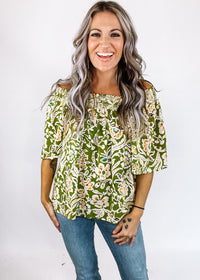 Olive Flutter Sleeve Smocked Trim Top