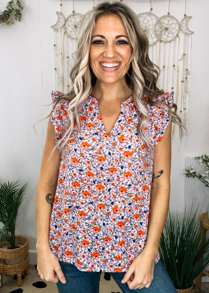 Purple and Peach Floral Ruffle Neck Blouse