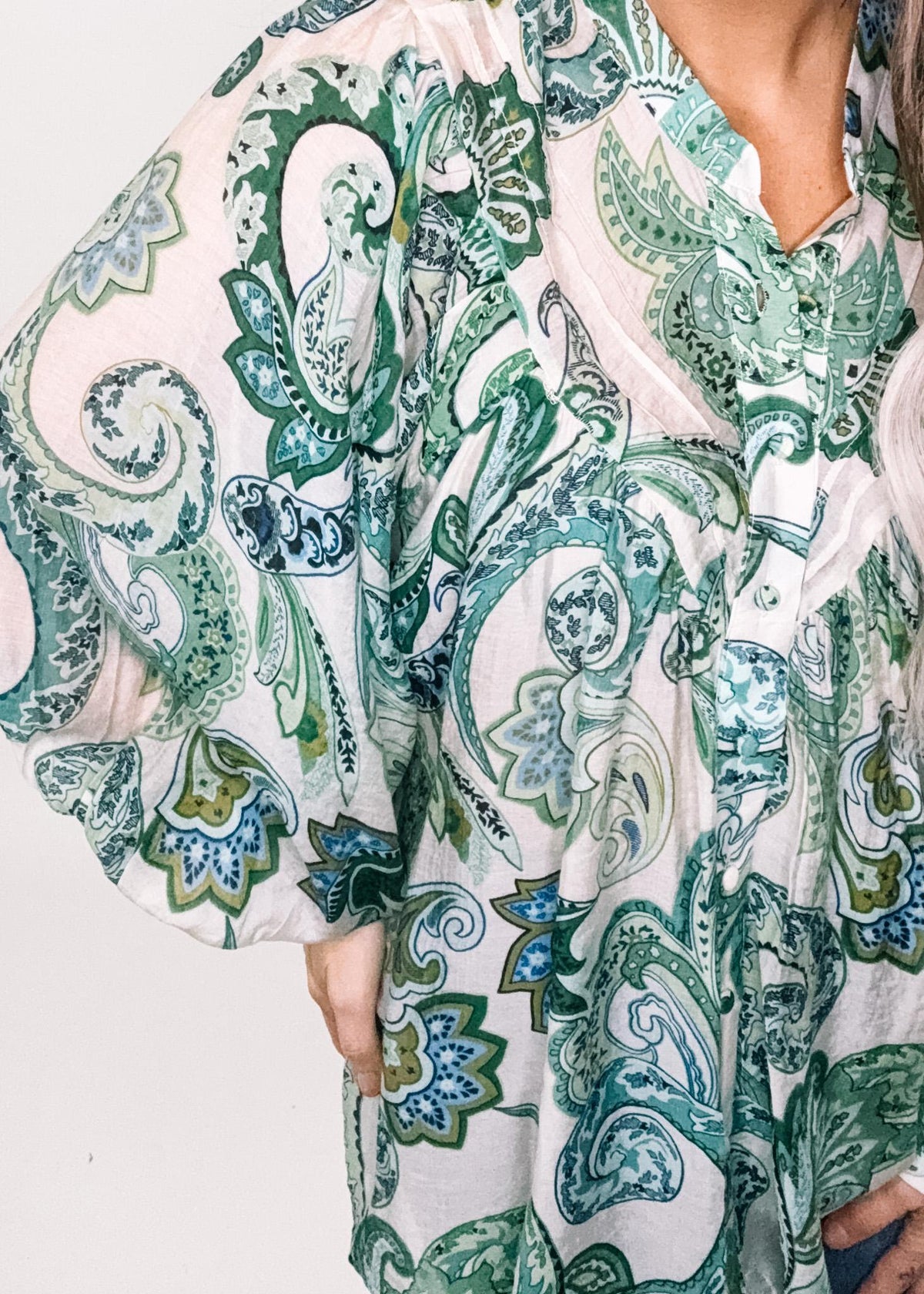 Spearmint Paisley Bubble Sleeve Top