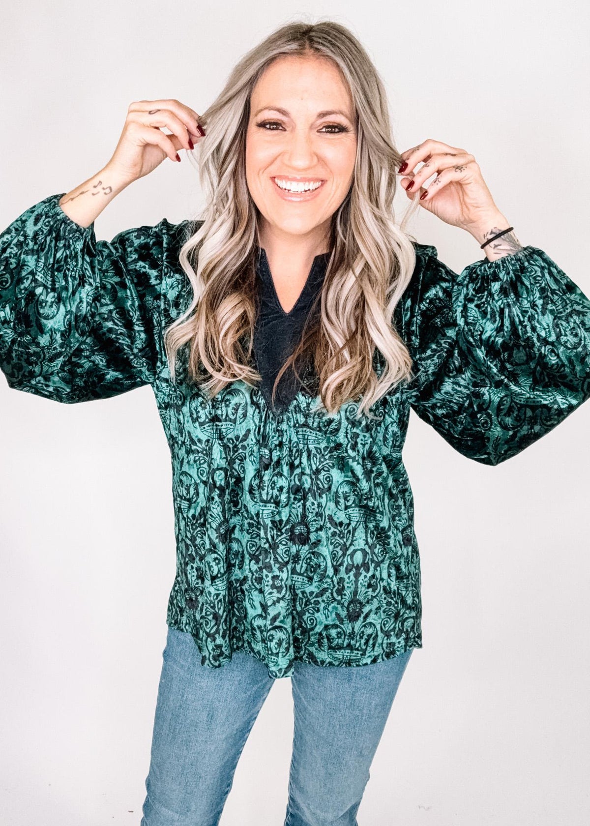 Green and Black Velvet Damask Top