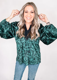 Green and Black Velvet Damask Top