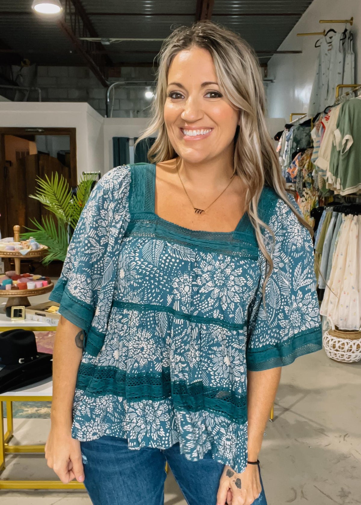 Jade Lace Trim Tunic Top
