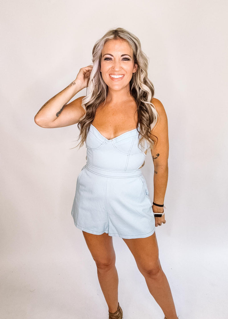 Denim Lace Back Romper