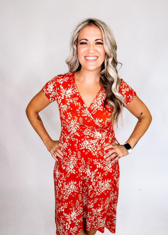 Rust and Sage Tie Waist Floral Dress