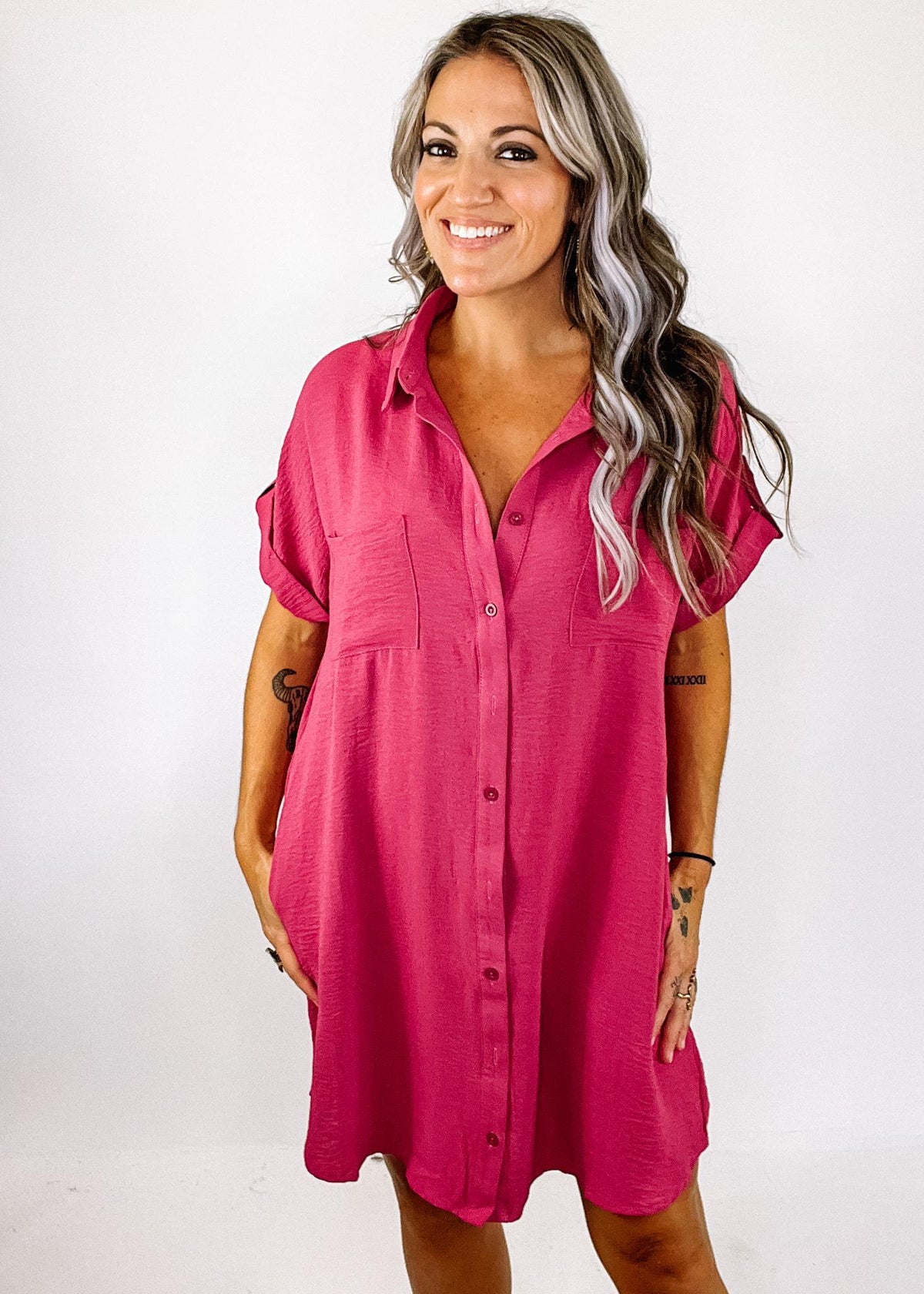 Mauve Drop Shoulder Button Up Dress