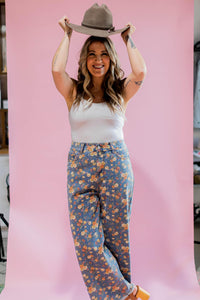 Floral Denim Wide Leg Pant