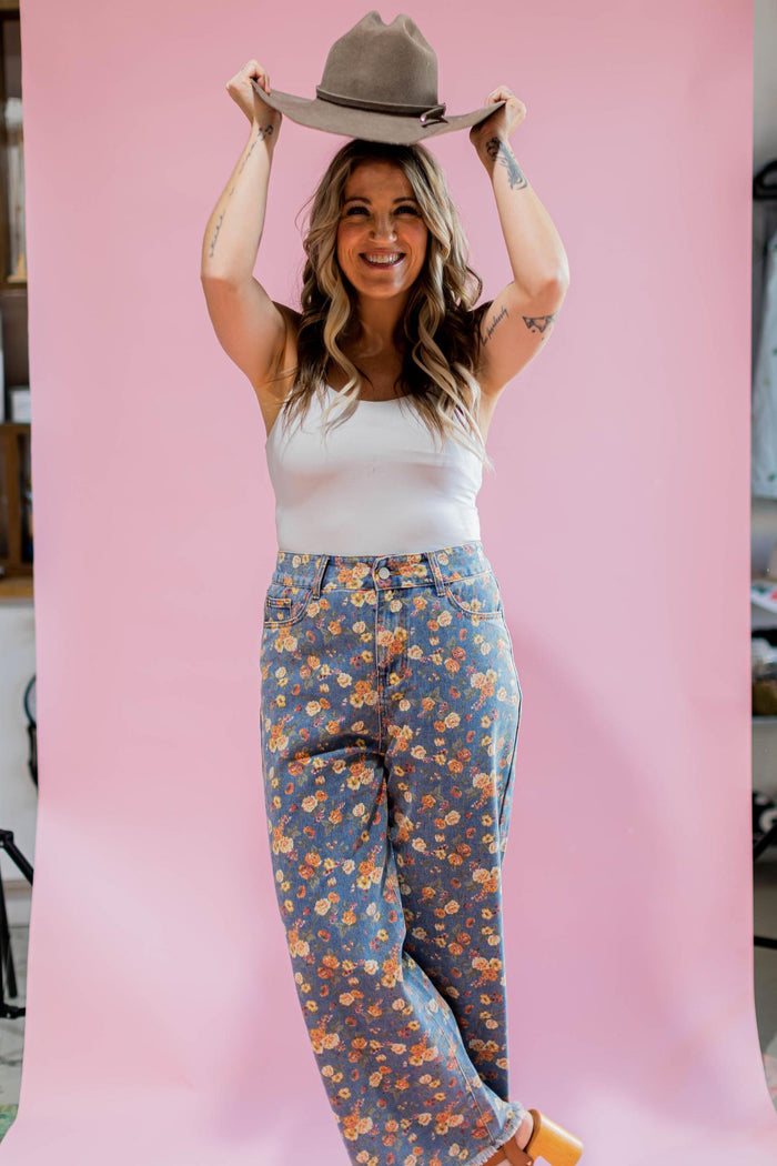 Floral Denim Wide Leg Pant