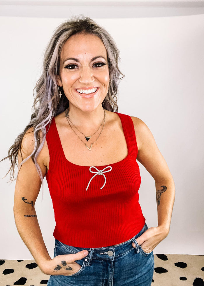 Red Tank with Rhinestone Bow Detail